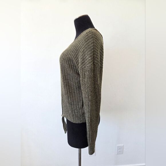 Green Ribknit Top Corset Tie Strappy Shirt Hippie Gypsy Casual Neutral Earthy - Picture 4 of 10